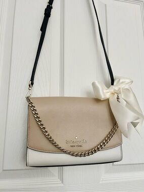 Kate Spade Colorblock Leather Crossbody Chain Bag Neutral Cream Beige